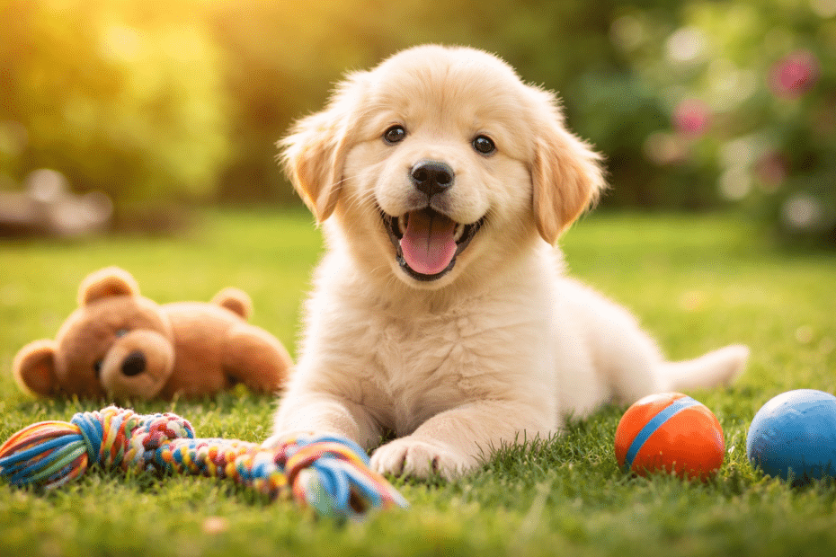Happy golden retriever puppy lying on grass with a colorful rope toy and two balls nearby in a sunny garden.