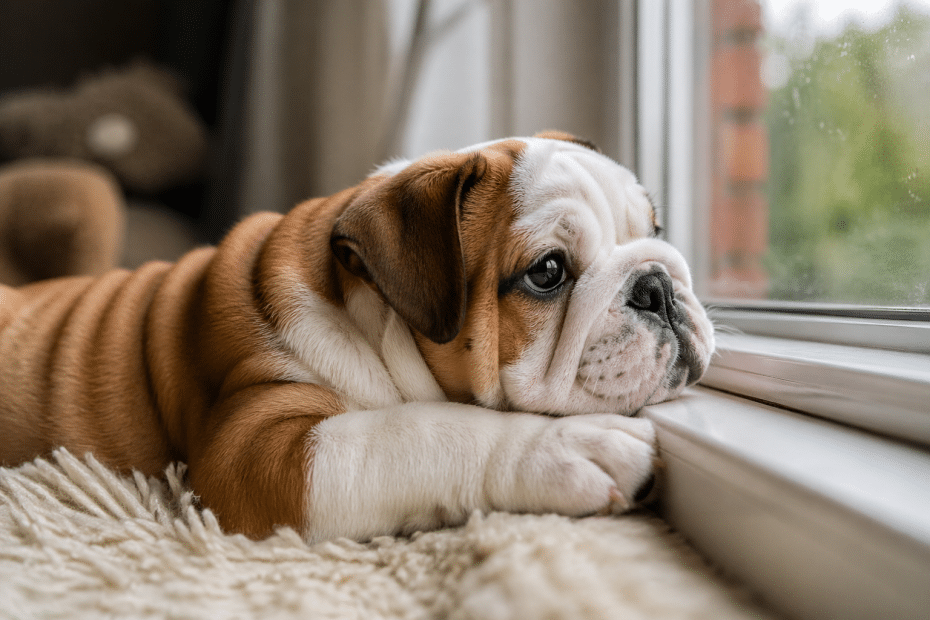 Bulldog puppy resting on a plush rug, gazing out a window.