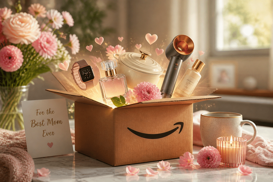 Open Amazon box with beauty gifts, flowers, a candle, mug, and a card reading 'For the Best Mom Ever'.