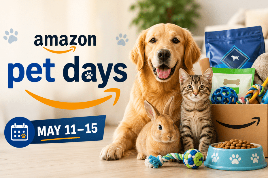 Amazon Pet Days banner with a golden retriever, kitten, and rabbit among pet supplies; dates May 11–15.