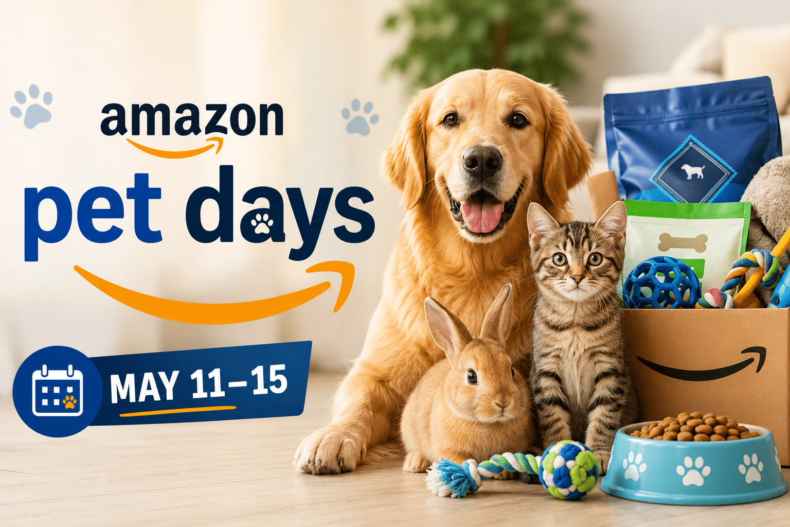 Amazon Pet Days banner with a golden retriever, kitten, and rabbit among pet supplies; dates May 11–15.