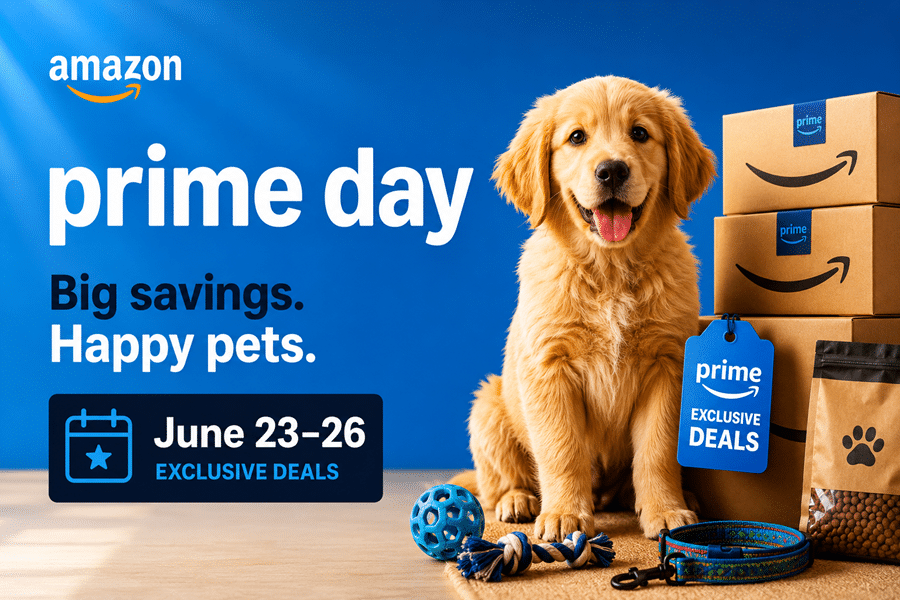 Amazon Prime Day banner featuring a happy golden retriever with packages and a blue background, promoting big savings for pets and exclusive deals June 23–26.