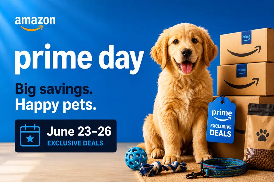 Amazon Prime Day banner featuring a happy golden retriever with packages and a blue background, promoting big savings for pets and exclusive deals June 23–26.