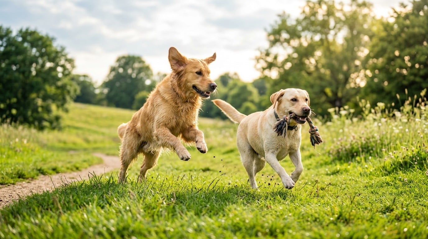 Two dogs running across a grassy field with a rope toy in their mouths, sunny park scene; action shot of play.