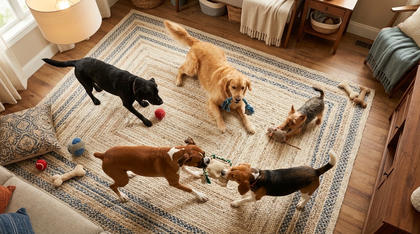 Five dogs playfully tugging at a toy on a striped beige rug in a cozy living room with scattered dog toys and furniture nearby.